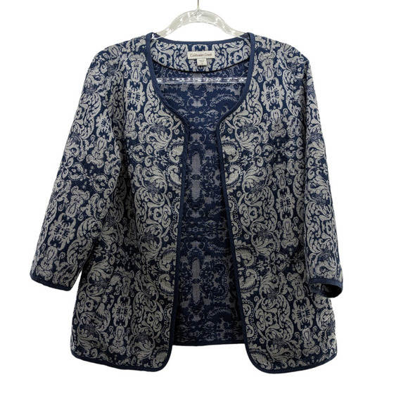 Coldwater Creek Jacket 12 Tapestry Blue White Damask Open Front Pockets - Picture 1 of 5
